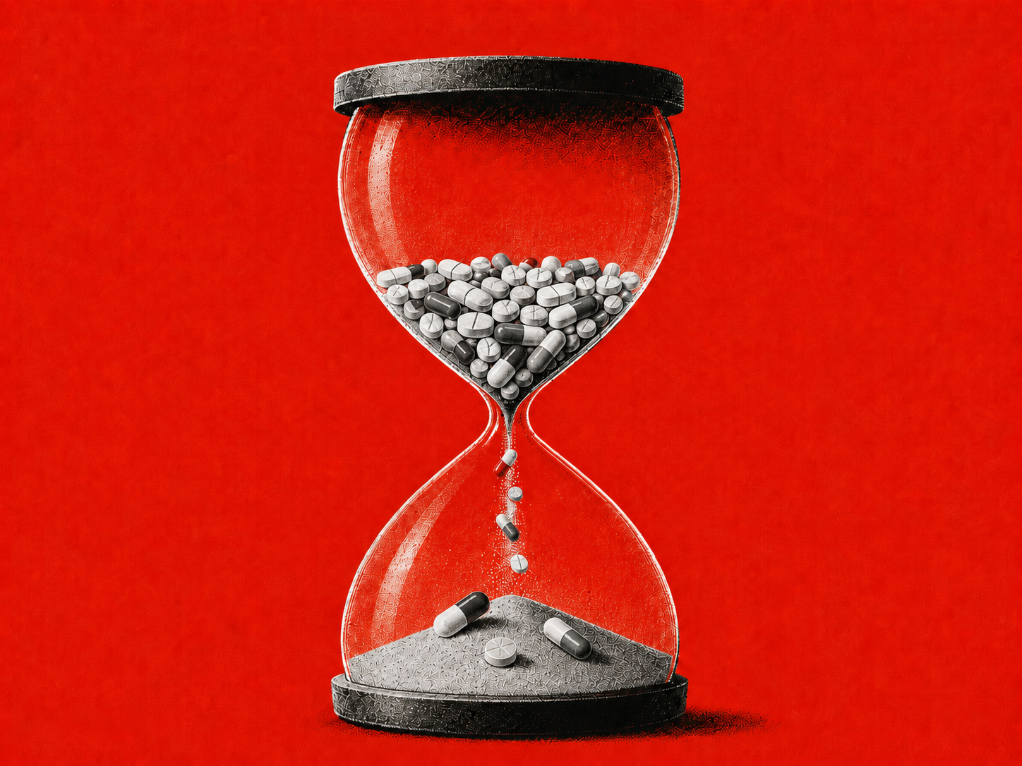 An hourglass on a red background, its upper bulb filled with pills and capsules trickling slowly into the base, illustrating how clinical trial readouts drift past their promised dates.